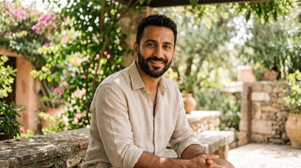Fototapeta premium Smiling man with beard sitting outdoors in a garden with pink flowers and stone architecture