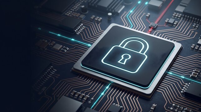 Processor security concept showing glowing padlock icon on microchip emphasizing embedded system encryption and data privacy