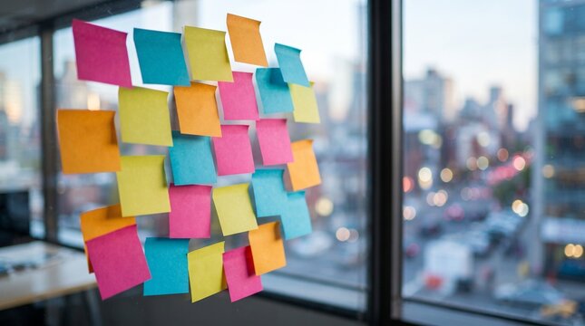 Colorful Adhesive Notes Displayed on Office Window During Business Planning Session