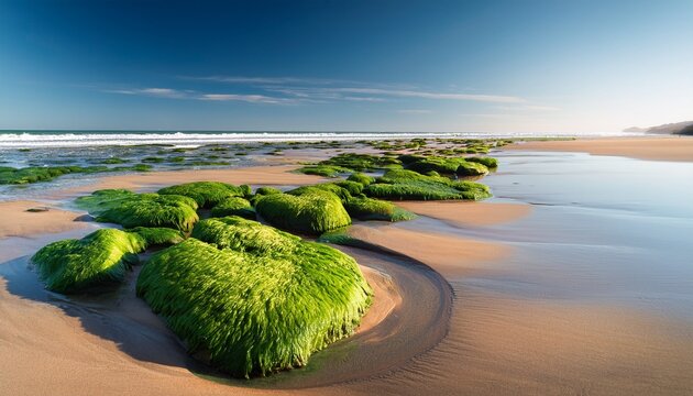 green algae covered rocks on sandy tidal beach at low tide sensual wave patterns in sand soft nature vacation background with copy space