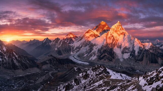 Majestic Mount Everest at sunset. Snow-capped peaks under warm sky, mountain landscape, adventure travel scene.