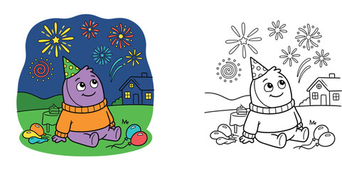 Naklejka premium Cute Monster Birthday Party Illustration with Fireworks and Coloring Book Outline Page for Kids Vector