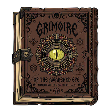 An ancient leather bound grimoire book featuring a mystical glowing eye on the cover.