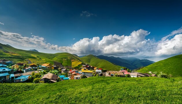 lush green hills dotted with numerous colorful houses under a cloudy sky