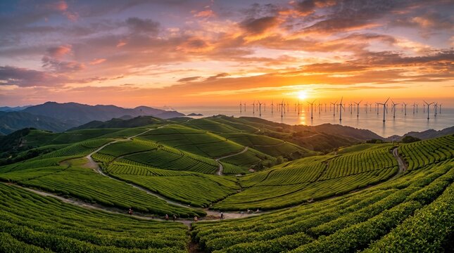 Golden Sunset Over a Peaceful Vineyard in the Countryside