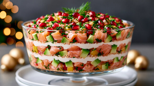 Layered salmon salad cake in clear glass trifle bowl, visible layers of smoked salmon, white cream cheese, diced avocado, yellow mango or bell pepper, topped with pomegranate seeds