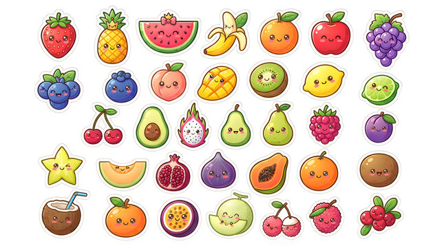 Set of cute happy fruit characters with funny faces in a colorful cartoon style collection