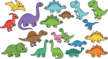 Cute colorful dinosaur vector cartoon character set featuring friendly prehistoric animals like Tyrannosaurus Rex Triceratops Stegosaurus Brachiosaurus and Pterodactyl on white background © Mifta