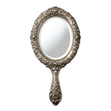 Vintage hand mirror with ornate silver frame, antique vanity hand-held mirror, classic Victorian style beauty accessory isolated on White Background