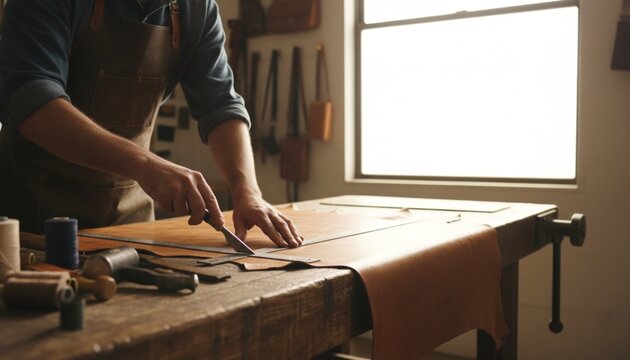 Craftsman works with leather in a workshop during daytime