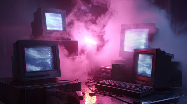 Retro computer monitors in a dimly lit room, surrounded by pink smoke and glowing lights. The screens display images, creating a mysterious and nostalgic atmosphere