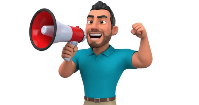 3D cartoon man talking through a megaphone for important announcement