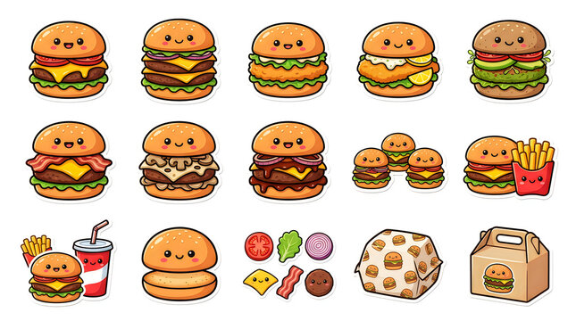 Set of cute cartoon burger icons with happy faces, fast food elements, fries, soda, and ingredients
