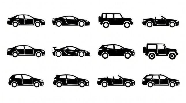 Black silhouette icons of diverse car types including sedans, sports cars, SUVs, and convertibles, symbolizing automotive variety and design.