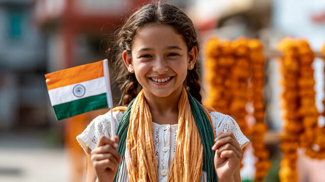 Photorealistic premium commercial lifestyle photograph of a young Indian girl in her early teens wearing a white salwar kameez with saffron and green dupatta holding a small Indian