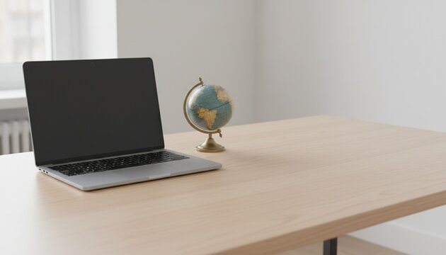 Empty desk with a laptop and globe in a bright room during the day