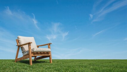 Fototapeta premium Empty chair on green grass under blue sky, outdoor relaxation scene.