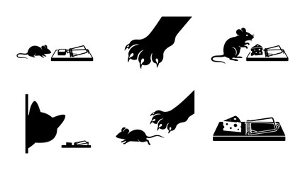 Fototapeta premium 70 Mouse and Cheese Trap Vector Icons, Cat Silhouette, Predatory Instincts, Danger Concept, Simple Black and White Graphics 100