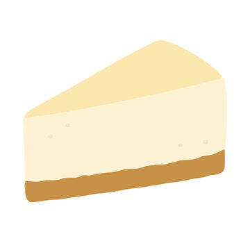 A delicious slice of creamy cheesecake with a golden brown crust is presented as a clean flat vector illustration. This simple dessert graphic features a smooth texture and a minimalist aesthetic