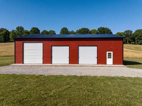Red Metal Pole Barn Garage with Three White Roll-Up Doors Side Entry and Gravel Driveway on Green Rural Lawn
