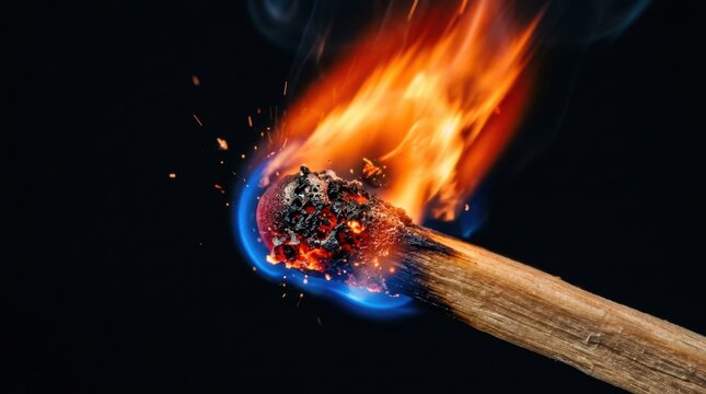 Burning matchstick on black background. Macro shot of a wooden match igniting with fire.