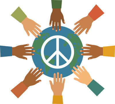 Diverse hands surrounding planet earth icon representing global peace and unity art