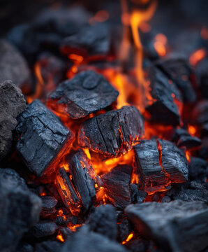 Glowing embers and charred wood create warm, fiery scene with vibrant orange flames