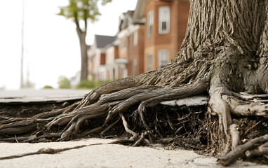 Obraz premium Exposed tree root beside a house suggests risk assessment, soil erosion, foundation hazard, and urban property vulnerability.
