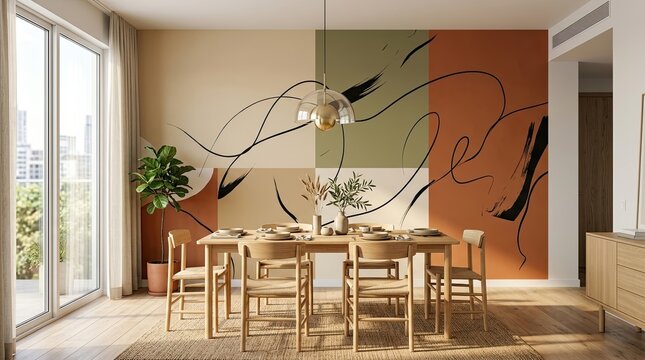 Contemporary dining area featuring a wooden table set and geometric abstract wallpaper mural interior wallpaper