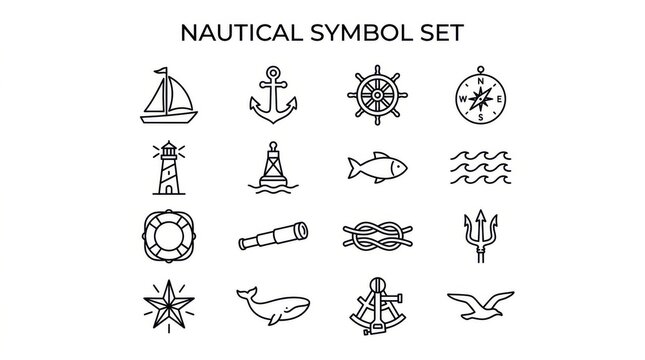 Nautical symbol set. Marine icons for sea travel and maritime navigation design.