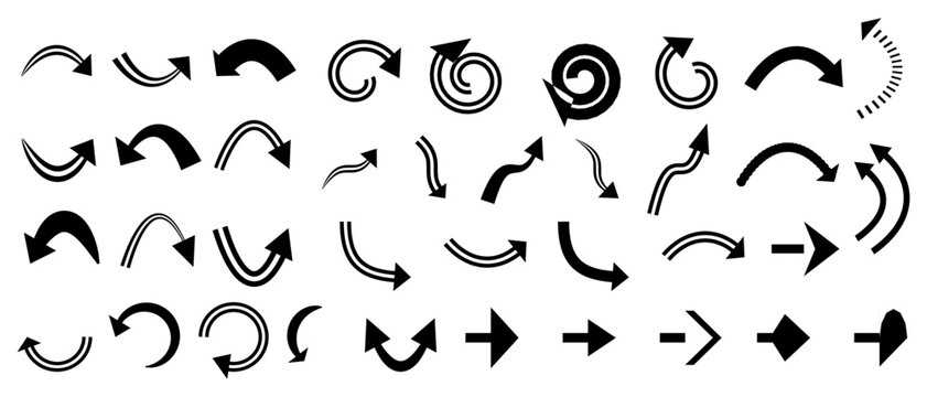 black arrow icon collection in varied styles. curved spiral bent and straight directional marks. brush stroke and outline arrow shapes. pointer element grid
