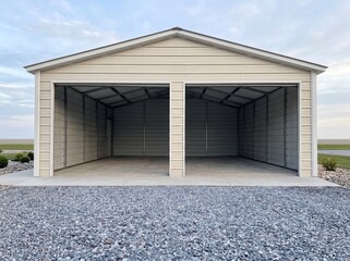 Fototapeta premium Beige Metal Open Front Multi-Bay Building with Empty Bays on Gravel Lot in Rural Open Countryside