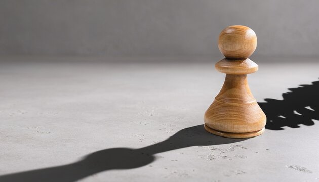 Wooden chess pawn on a flat surface with a clear shadow showing its outline in a well-lit room