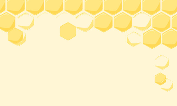 Minimal honeycomb border background with layered golden hexagon cells and soft cream copy space in flat vector style for honey packaging, labels, branding, banners and natural products.