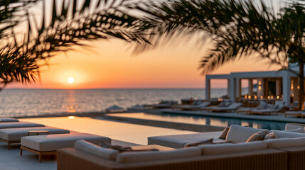 Fototapeta premium Real photograph through soft focus palm leaves in foreground looking out to a modern beach lounge terrace at golden hour, clean contemporary architecture in mid-ground, infinity ed