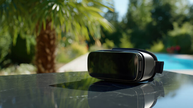 Virtual reality headset resting on an outdoor table with a swimming pool and palm tree in the background
