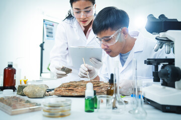 Fototapeta premium Laboratory scientist microscope rock research safety eyewear analysis mineral sample, focused team examine stone with tool, glassware, chemical bottle, bright science workspace
