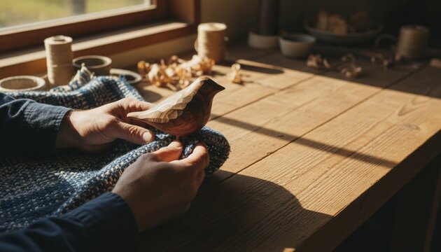 Crafting a wooden bird figure on a sunny afternoon at a rustic workshop table