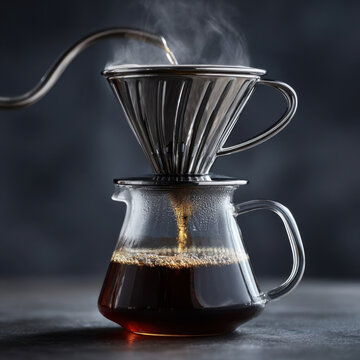 Pour over coffee brewing with steam rising from glass carafe and metal dripper, creating cozy atmosphere