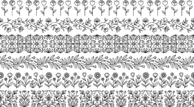 Set of hand drawn floral vine borders with roses and leaves outline vector illustrationSet of hand drawn floral vine borders with roses and leaves outline vector illustration