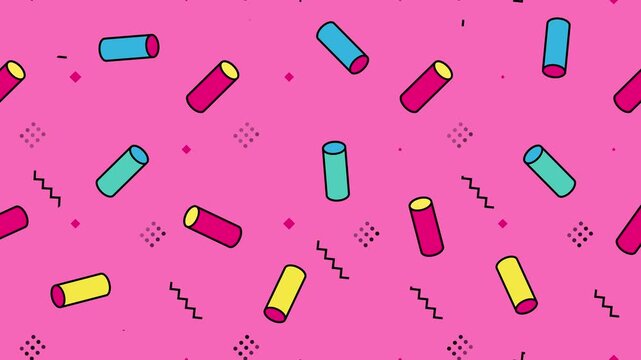 Memphis style motion background. Colorful geometric shapes animation on pink backdrop.