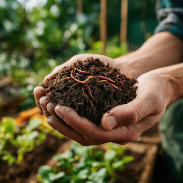 Hands holding rich compost with worms in garden, symbolizing sustainable gardening and organic farming practices