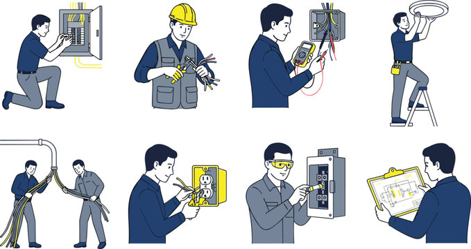 Professional Electrician Vector Set Featuring Workers Inspecting Circuit Breakers, Wiring, and Electrical Systems