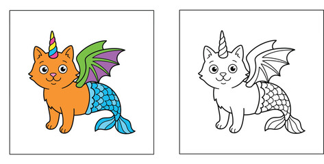 Fototapeta premium Cute Caticorn Mermaid Dragon Hybrid Illustration and Line Art Coloring Page for Kids Fantasy Magical Creature Vector