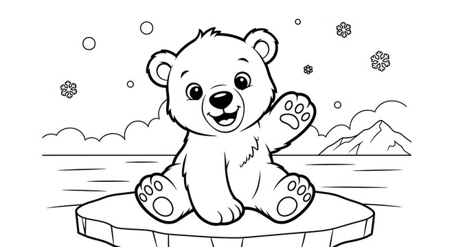 Friendly polar bear cub waving on ice floe coloring page illustration.