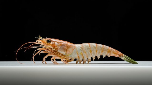 A shrimp with detailed features and striped pattern on a white surface against a black background.