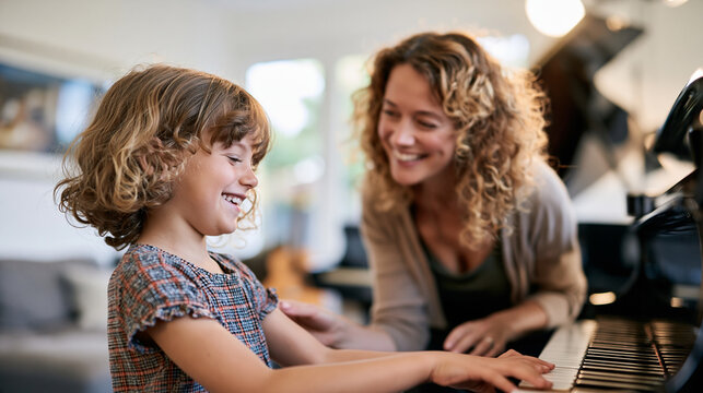 Parent or teacher noticing and encouraging a child&rsquo;s musical or artistic gift during practice, photorealistic talent support concept, authentic interior setting