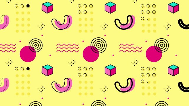 Memphis style geometric background. Abstract 90s pattern with floating shapes and icons.