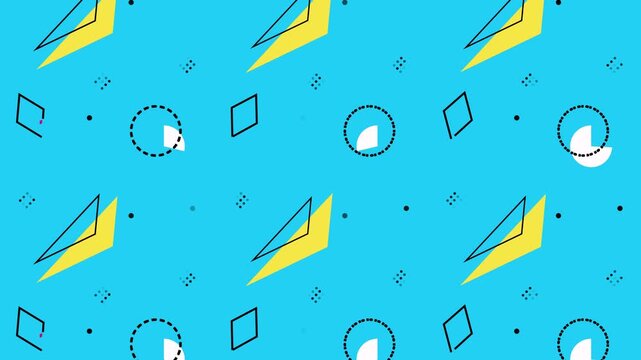 Abstract geometric motion background. Memphis style pattern with moving shapes and lines.