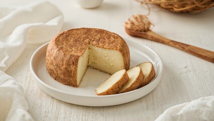 Naklejka premium A round cake with a slice removed on a white plate with sliced pieces, set on a light table with a spoon and soft fabric, and a wooden spoon in the background.